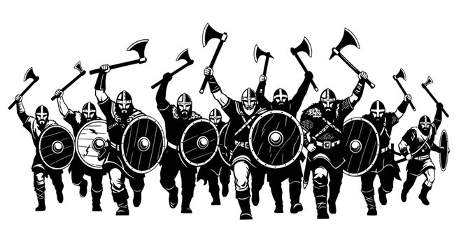 Viking Warriors Charging with Axes and Shields, Black and White Illustration