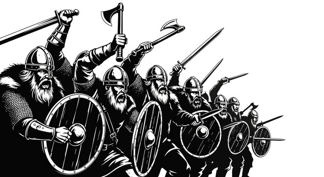 Viking Warriors Charge with Axes and Shields - Black and White Illustration