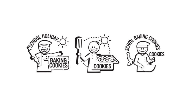 Whimsical cartoon bakers holding baking cookies logos.