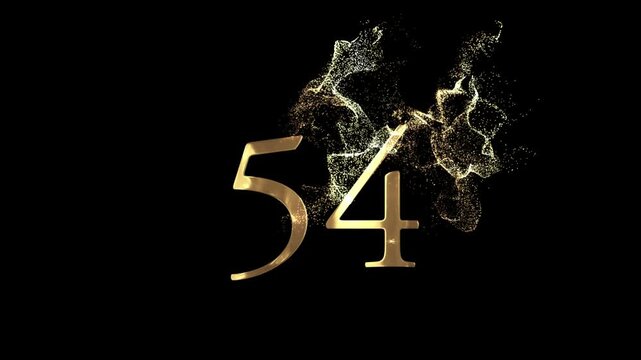Golden number 54 from particles, numbering, fifty four, golden numbers, alpha channel, numerology, beautiful golden numbers with particles on a transparent background