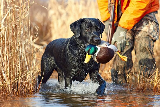 Wet Black Labrador Retriever proudly carries a mallard duck from the water after a successful hunt