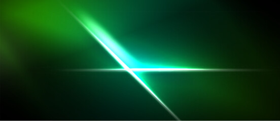 Naklejka premium Abstract green light streaks cross dark background. Bright glow creates dynamic visual effect. Simple, modern design.