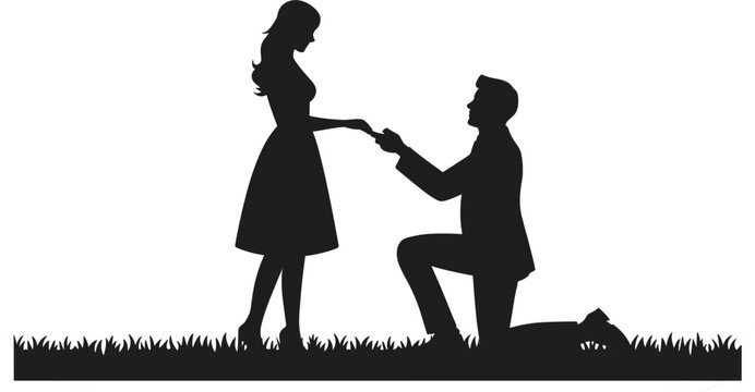 Marriage proposal silhouette, man proposing to woman on one knee, romantic vector illustration isolated background