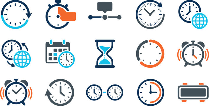 Time and Clock Icon Vector Set Featuring Alarm Clocks Hourglass Stopwatch World Time and Calendar Schedule UI Graphics
