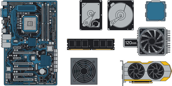 Computer hardware components vector illustration set with motherboard, processor, RAM, hard drives, fans, and graphics card