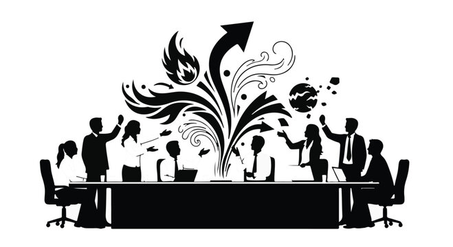 Team brainstorming ideas and creativity exploding from a conference table