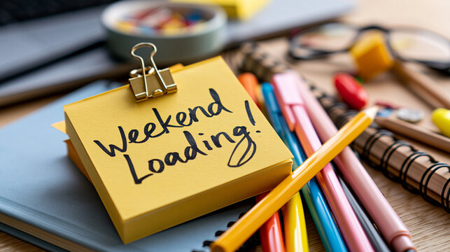 A yellow sticky note with weekend loading written on it surrounded by colorful office supplies