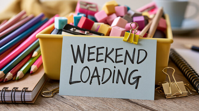 A colorful workspace with a note that says Weekend Loading on a desk