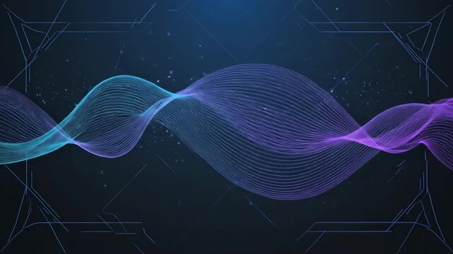 Abstract flowing wave of light particles on a dark background with geometric frames.