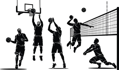 Basketball and Volleyball Player Silhouette Vector Collection with Professional Sports Action Poses and Athletic Competition Scenes © MstRostama