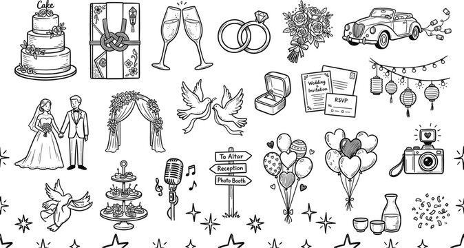 Hand Drawn Wedding Marriage and Celebration Event Vector Icon Set Featuring Bride Groom Cake Rings Arch Doves Balloons and Vintage Just Married Car
