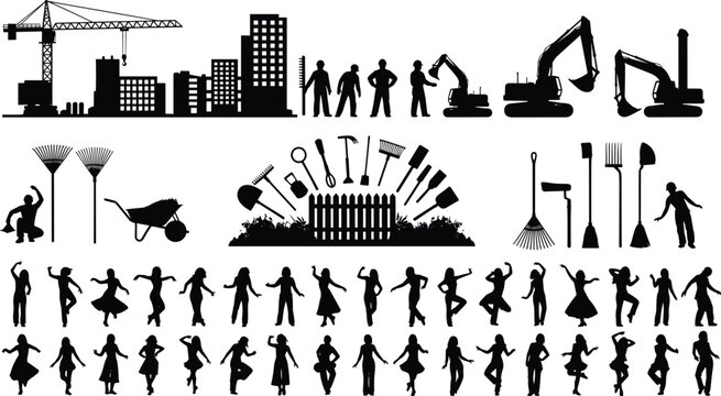 Construction Worker Gardening Tool and Dancing People Silhouette Collection with Excavator Crane and Urban Industry Vector Set