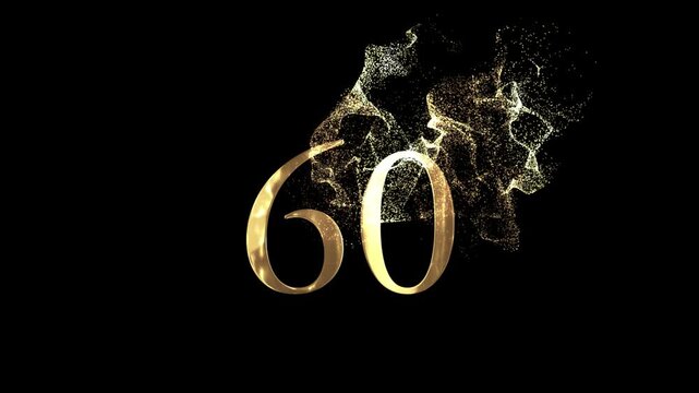 Golden number 60 from particles, numbering, sixty, golden numbers, alpha channel, numerology, beautiful golden numbers with particles on a transparent background