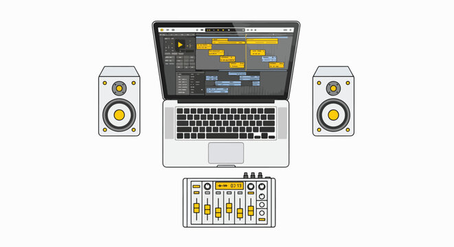 Flat lay of a laptop, sound speakers, and music mixer on a white background, showcasing digital audio workstation software on the laptop screen.