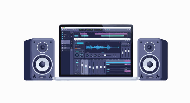 A laptop with audio editing software on the screen flanked by two speakers on a plain white background.