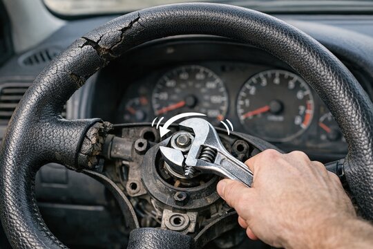 A person tinkering with a vehicle's engine while behind the wheel, possibly in a roadside setting