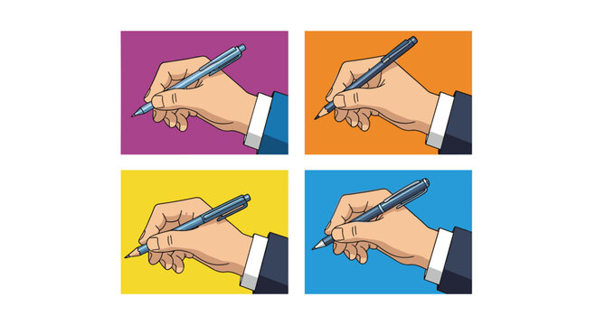 Pop art style illustration of four hands holding pens against different colorful backgrounds representing writing and creativity concepts.