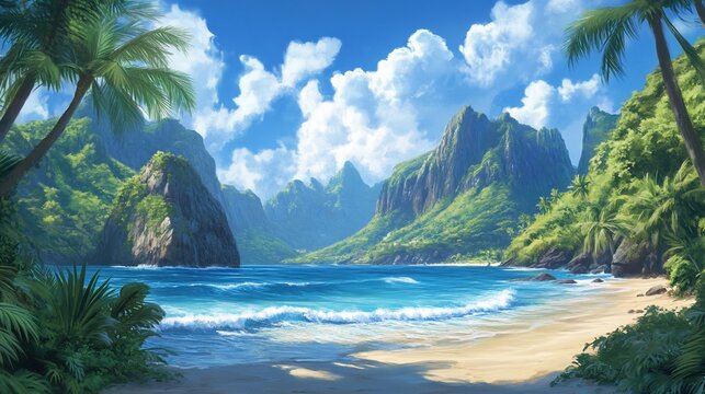 Tropical beach cove, idyllic island landscape, game background