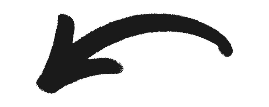 Curved black marker brush arrow pointer icon displaying rough textured graffiti ink strokes for contemporary street art lifestyle clothing brand merchandise backdrop presentation clip art.