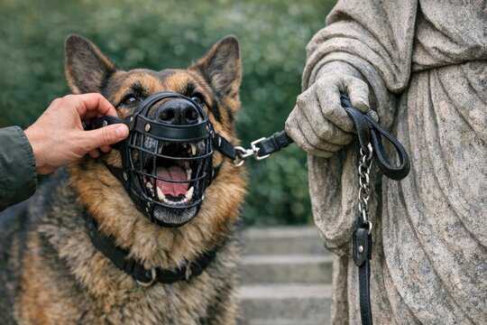 A person is holding a dog with a muzzle, likely for training or safety reasons
