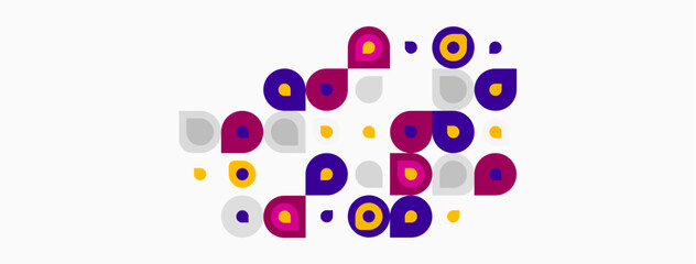 Purple, yellow circles scattered across white background. Abstract design, simple shapes, modern aesthetic. Minimalist composition. © antishock