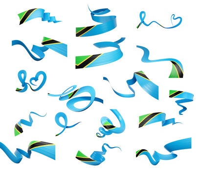 Set Of Different Style Of Tanzania Wavy Abstract Ribbon Flags 3d Illustration