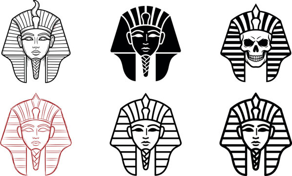 Egyptian Pharaoh Icon Collection with Ancient Egypt Masks, Skull Pharaoh Symbols, and Historical Hieroglyphic Vector Illustration Designs