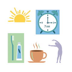 Fototapeta premium Morning Routine Icons: Sunrise, Alarm Clock, Coffee, Hygiene, Exercise