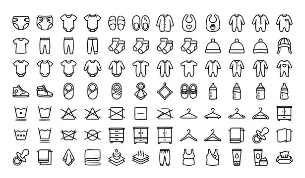 Baby Clothes Line Icon Set Featuring Diapers Bibs Newborn Outfits and Infant Wear Symbols