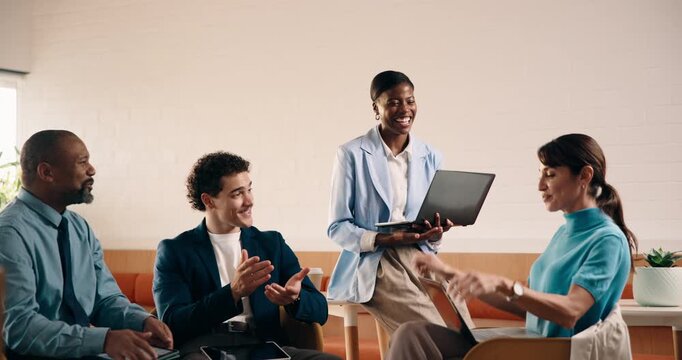 Presentation, applause and business people in office with laptop for company profit, revenue and good news. Administration, meeting and financial manager with digital tech for promotion or success