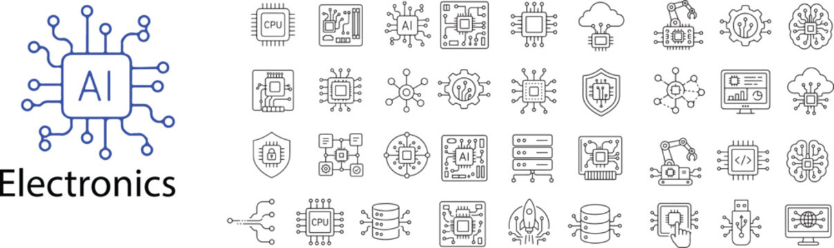 Digital Electronics and AI Microchip Hardware Linear Vector web Icon Set Featuring Computer CPU, Circuit Board, Cloud Computing, Server Data, Shield Cyber Security, and Robotic Arm
