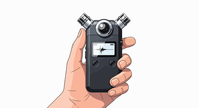 A hand holding a small, black, portable sound level meter with dials on a white background.