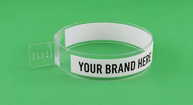 Clear plastic wristband mockup on a green background, event ID bracelet