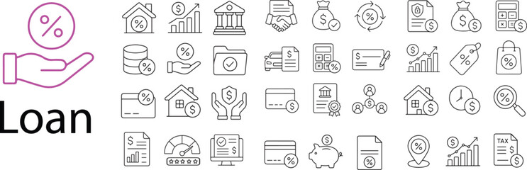 Fototapeta premium Financial Loan and Mortgage Banking Linear Vector Icon Set Featuring Home Property, Percentage Rate, Money Bag, Credit Card, Calculator, and Piggy Bank UI Elements