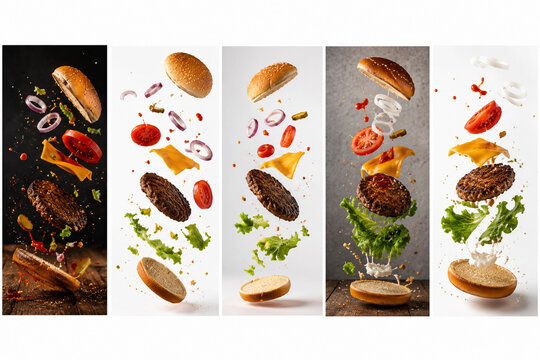 Set of Exploding 5 Cheeseburgers with Flying Ingredients