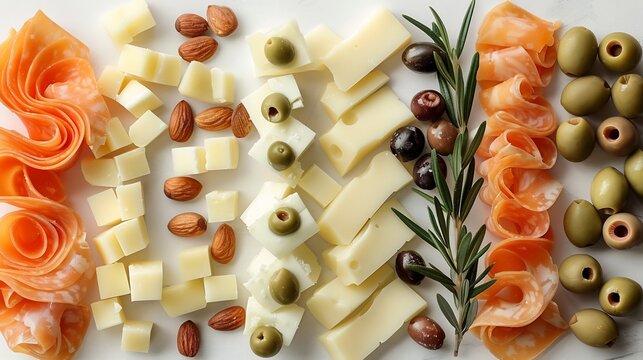 Macro shot keto snack almond cheese olives arranged geometric pattern white background ultra clean minimal abstract food art