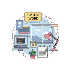 Fototapeta premium Remote Work Concept: Laptop, Coffee, Lamp, Window View