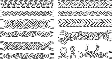 Minimalist braid and plaited rope borders bundle featuring woven hair strands celtic knots patterns and black vector line brushes © MDSAIFUL