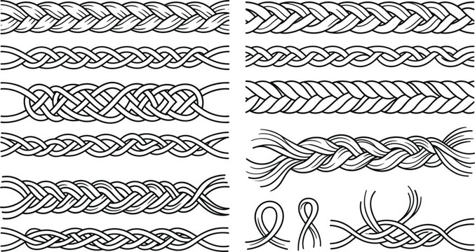 Minimalist braid and plaited rope borders bundle featuring woven hair strands celtic knots patterns and black vector line brushes