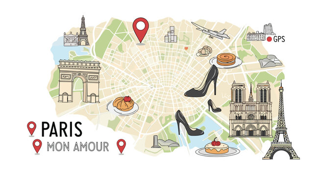 Charming illustrated tourist map of Paris featuring famous landmarks like the Eiffel Tower and Notre Dame along with local cultural icons.
