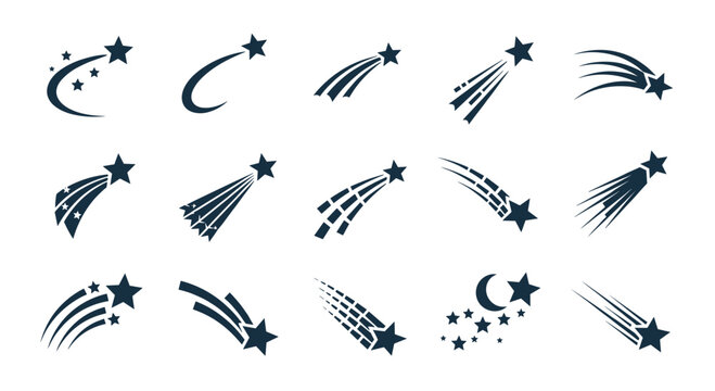 Dynamic collection of black silhouettes depicting various shooting stars comets and celestial movements for astronomical design projects.