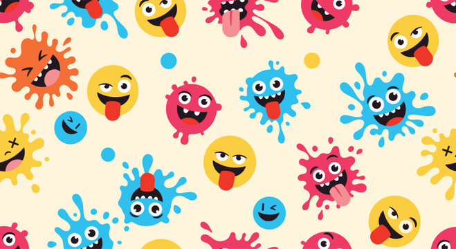 Seamless pattern featuring colorful germ and virus characters with silly faces and expressive emojis on a light background.