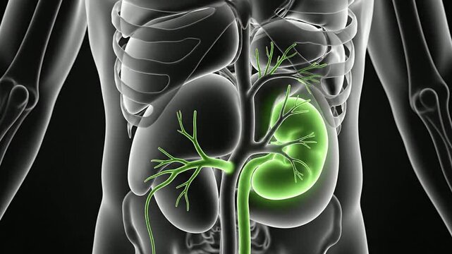 Detailed Anatomical Illustration of Human Kidneys Highlighting Renal Structures in Luminescent Green on Dark Background for Medical Education and Health Promotion