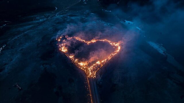 Aerial view of a heart-shaped wildfire burning through dark landscape at night, with glowing flames, smoke plumes and dramatic environmental destruction in a calm outdoor setting