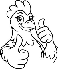 Naklejka premium Happy cartoon chicken mascot giving double thumbs up. Clean black and white line art.