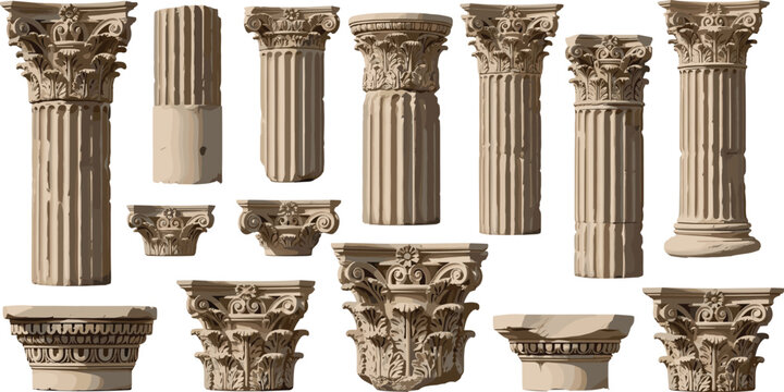 Realistic ancient stone columns vector illustration set with ornate capitals, fluted pillars, and classical architecture details isolated