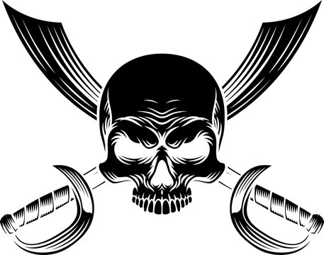 Pirate skull crossbones with crossing sabers or scimitar cutlass pirate swords. In a vintage retro woodcut style.