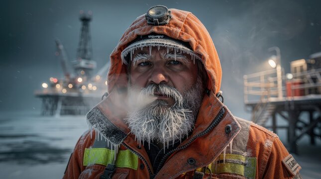 A rugged man with a frosted beard and heavy orange jacket exhales cold breath, standing on a frozen offshore oil rig platform in harsh winter conditions.