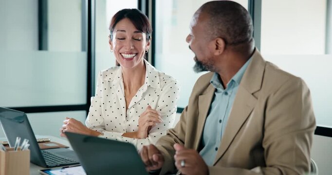 Woman, businessman and high five with team at office with laptop, celebration and review at finance agency. People, excited and computer with support, motivation and success at investment company
