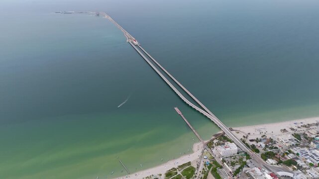 High Aerial View of Longest Viaduct Pier and Coastline in Progreso Yucatan, Mexico.